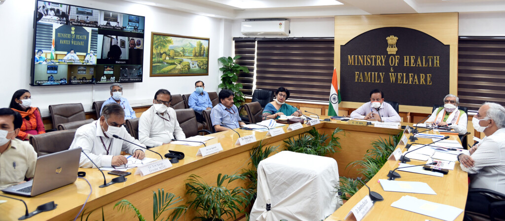 The Union Minister for Health & Family Welfare, Science & Technology and Earth Sciences, Dr. Harsh Vardhan chairing a high-level review meeting on COVID-19 with the Health Minister of Maharashtra, Shri Rajesh Tope, through video conference, in New Delhi on May 06, 2020. The Minister of State for Health and Family Welfare, Shri Ashwini Kumar Choubey is also seen.